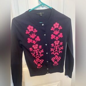 J. Crew Women's Navy Jackie CardiganSweater with Pink Embroidery and Pearl XXS